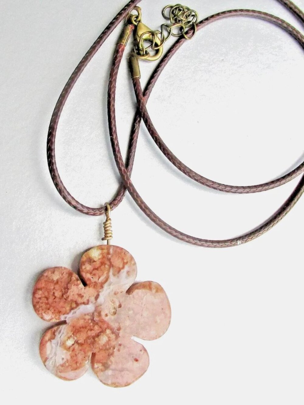 Vintage Botswana Agate FLOWER Pendant Brown Leather Cord Necklace